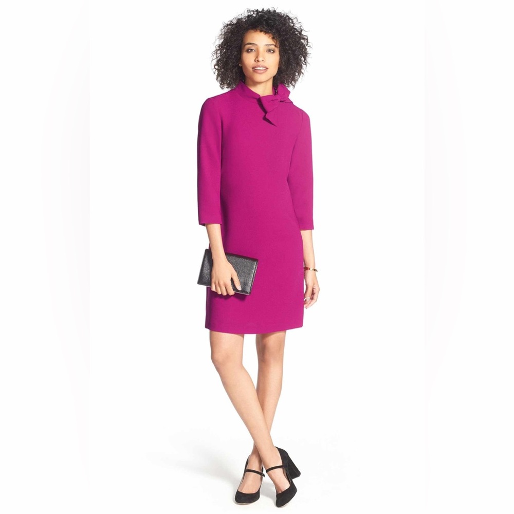 Eliza J. 60’s Style Bow Neck Crepe Shift Dress Fuchsia Pink, sz 8, MSRP $148